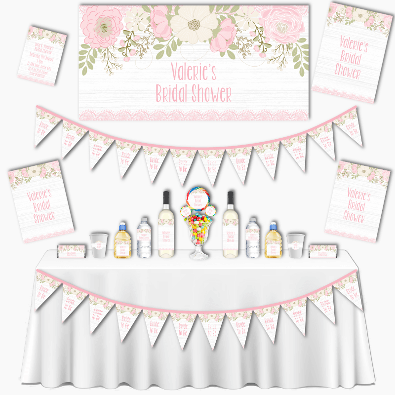 Personalised Boho Pink Floral &amp; Lace Grand Bridal Shower Decorations Pack