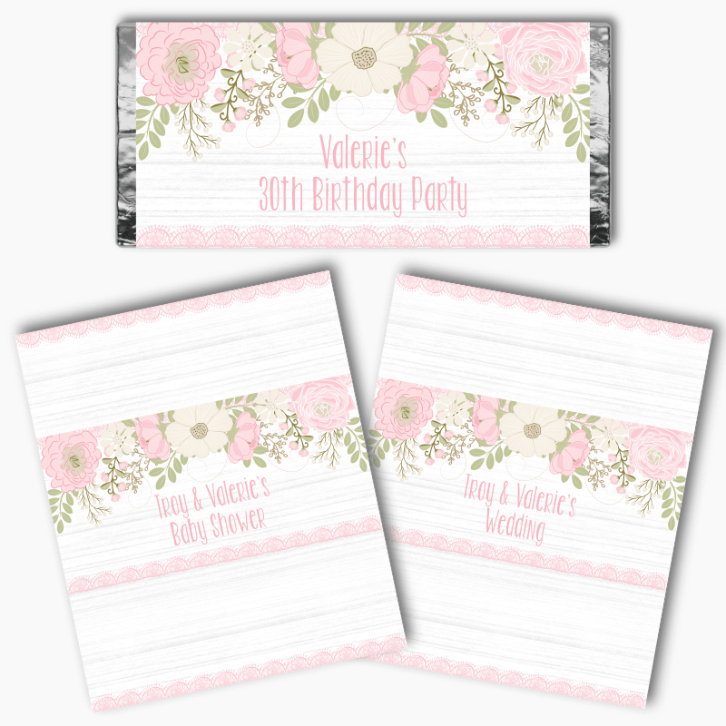 Personalised Boho Pink Floral &amp; Lace Party Mini Chocolate Labels