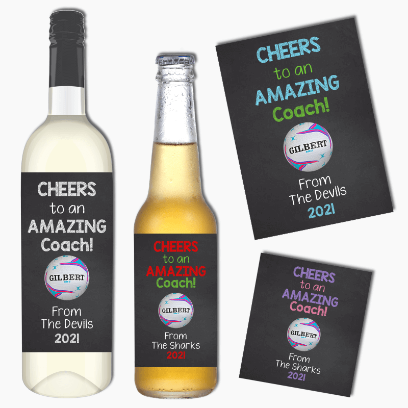 Cheers Netball Coach Gift Wine &amp; Beer Labels