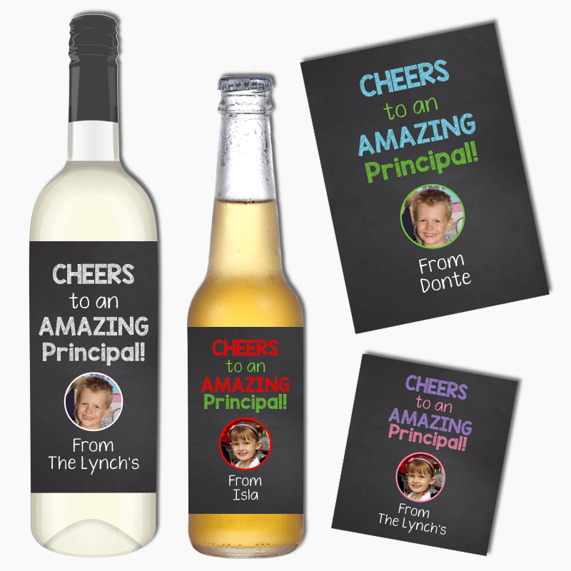 Cheers Principal Thank You Gift Wine &amp; Beer Labels with Photo
