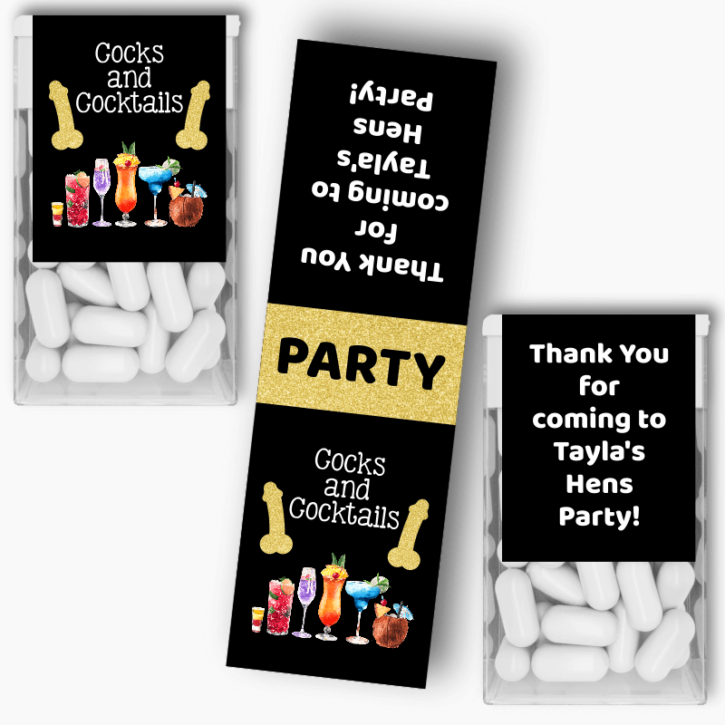Personalised Cocks &amp; Cocktails Hens Party Tic Tac Labels