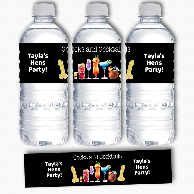 Personalised Cocks &amp; Cocktails Hens Party Water Bottle Labels