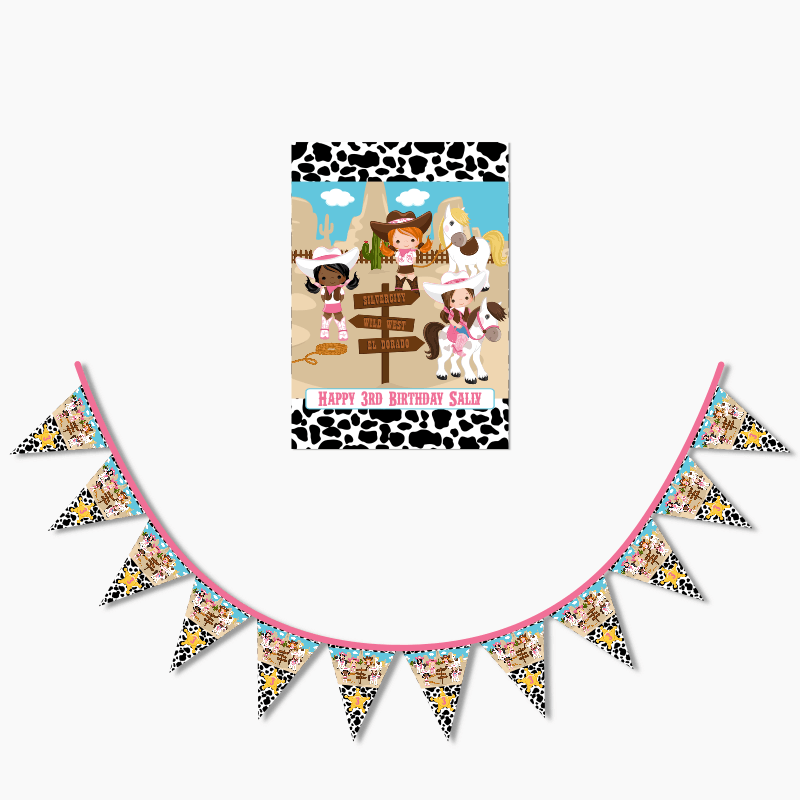 Personalised Cowgirl Birthday Party Poster &amp; Flag Bunting Combo