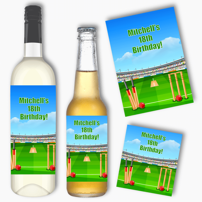 Personalised Cricket Birthday Party Wine &amp; Beer Labels