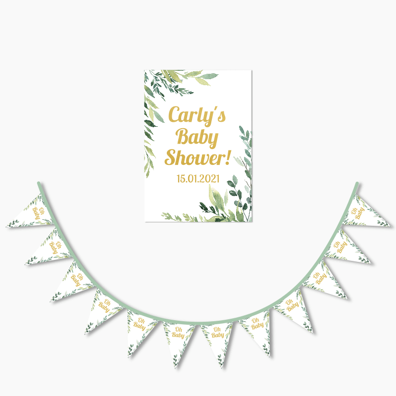 Personalised Eucalyptus Leaves Baby Shower Poster &amp; Flag Bunting Combo