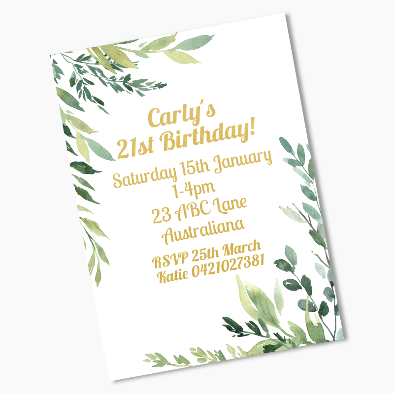 Personalised Eucalyptus Leaves Birthday Party Invites