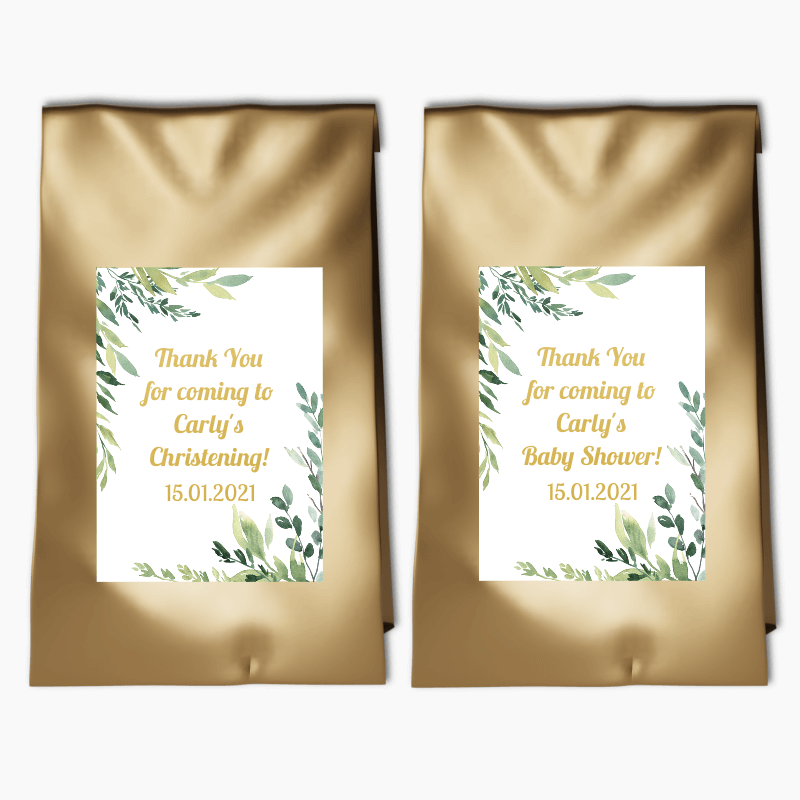Personalised Eucalyptus Leaves Christening Party Bags &amp; Labels