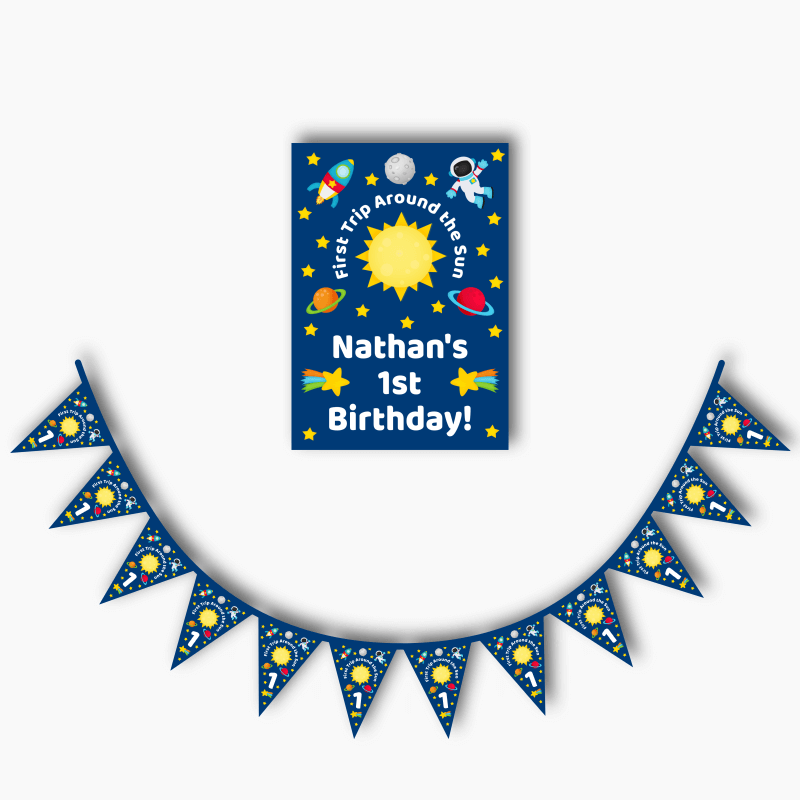 Personalised First Trip Around the Sun Party Poster &amp; Flag Bunting Combo