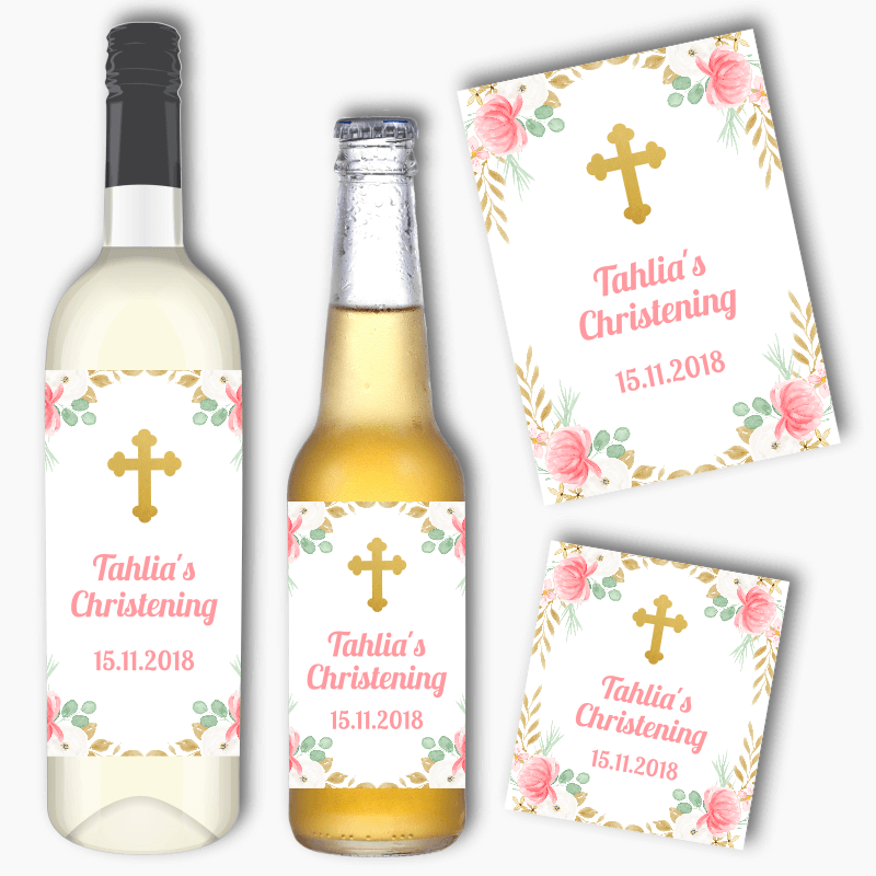 Personalised Floral Cross Christening Wine &amp; Beer Labels