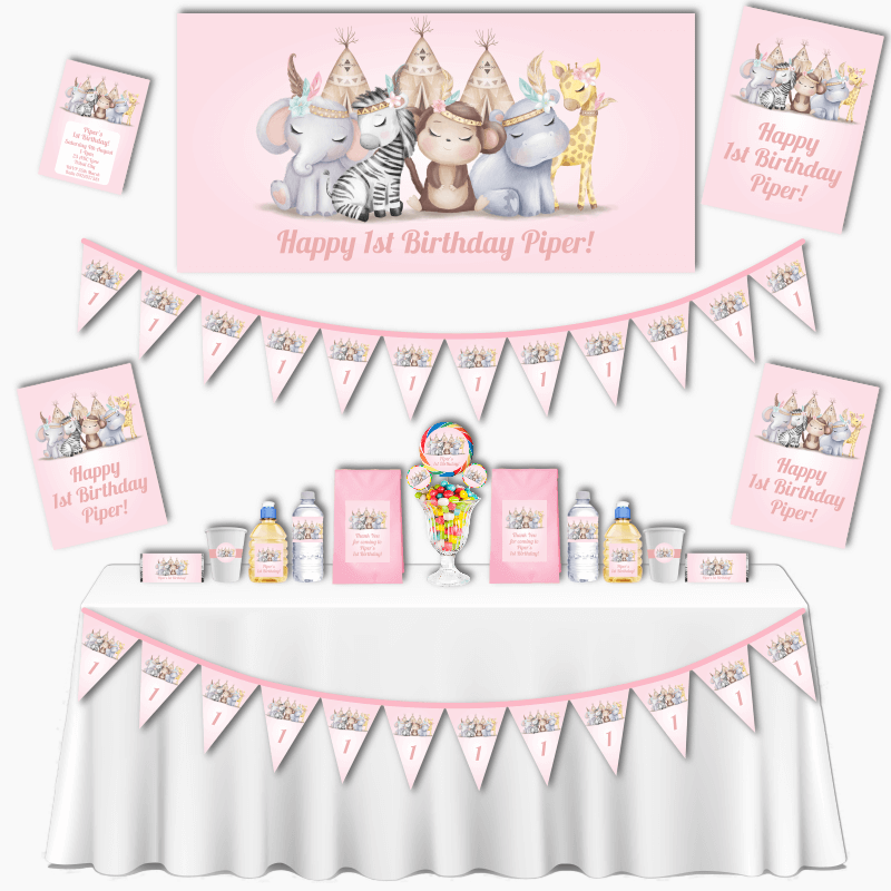 Personalised Girls Boho Jungle Animals Grand Birthday Party Decorations Pack
