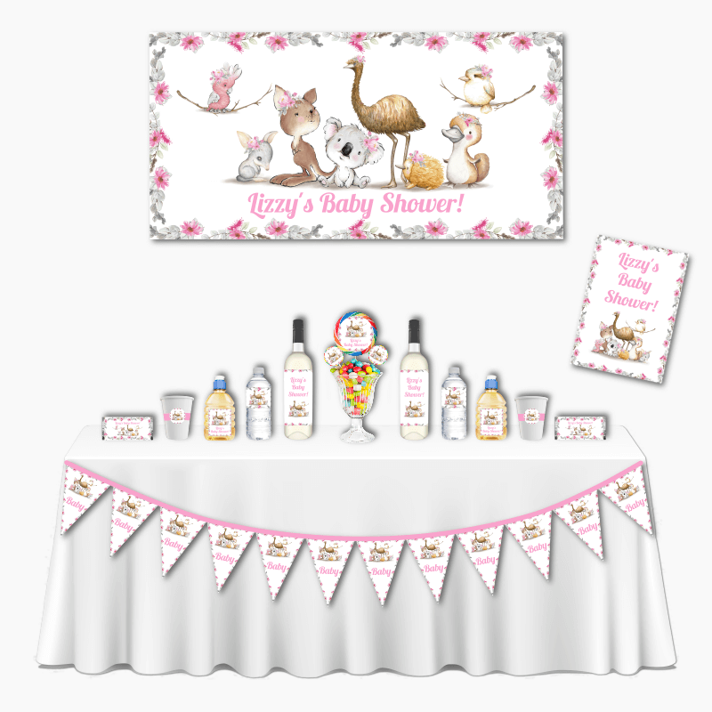 Personalised Girls Floral Australian Animals Deluxe Baby Shower Decorations Pack