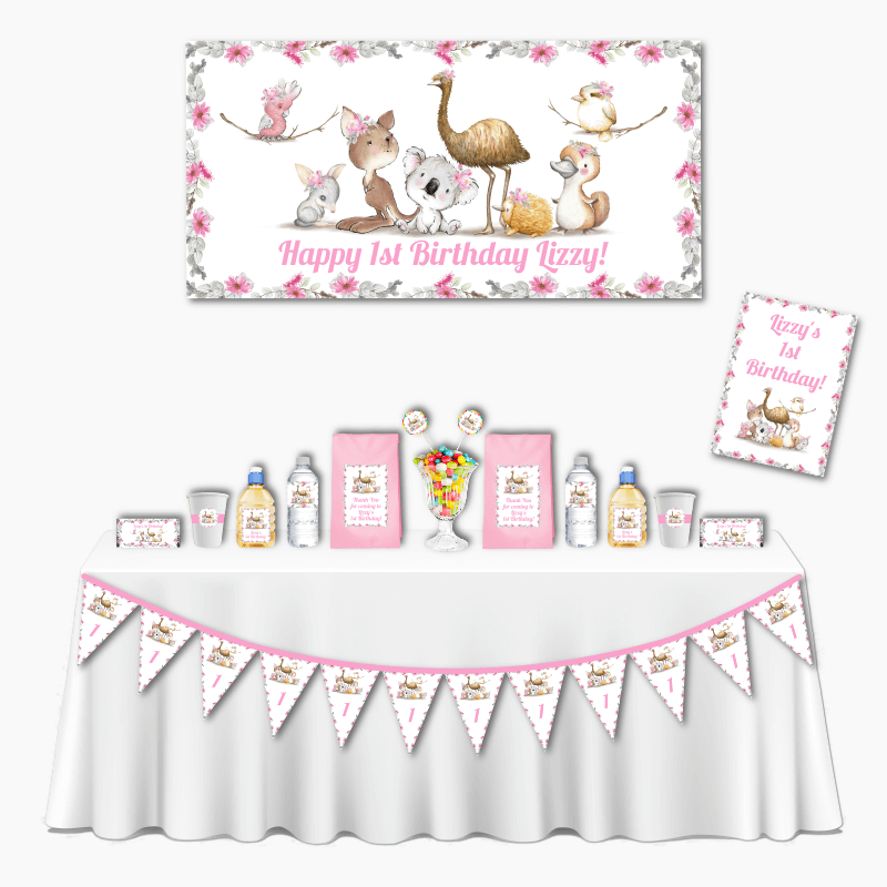 Personalised Girls Floral Australian Animals Deluxe Birthday Party Decorations Pack