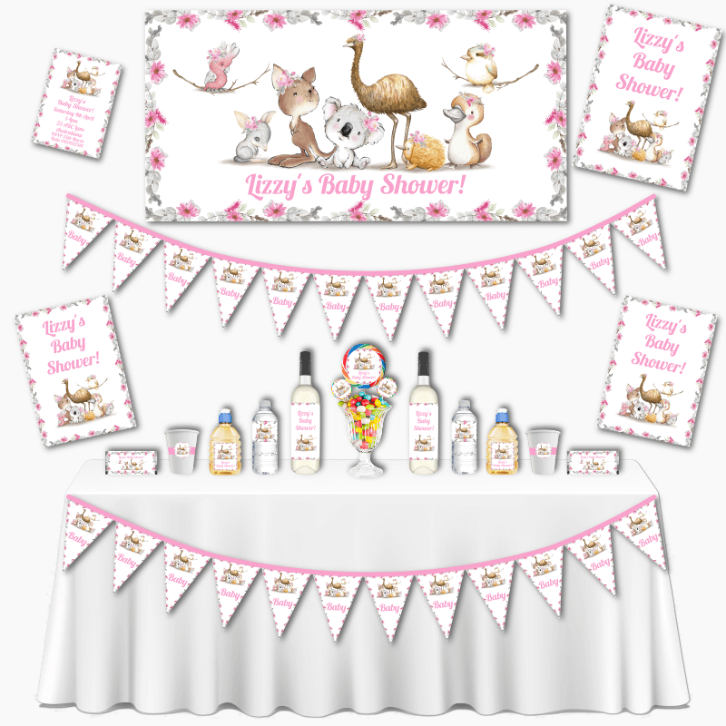 Personalised Girls Floral Australian Animals Grand Baby Shower Decorations Pack