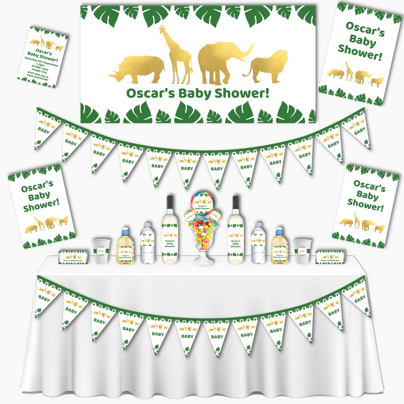 Personalised Gold Safari Jungle Animals Grand Baby Shower Decorations Pack