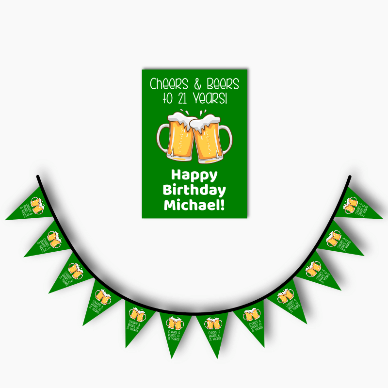 Green Cheers &amp; Beers Birthday Party Poster &amp; Flag Bunting Combo