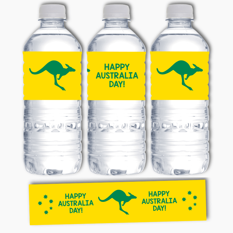 Green &amp; Gold Kangaroo Australia Day Party Water Bottle Labels