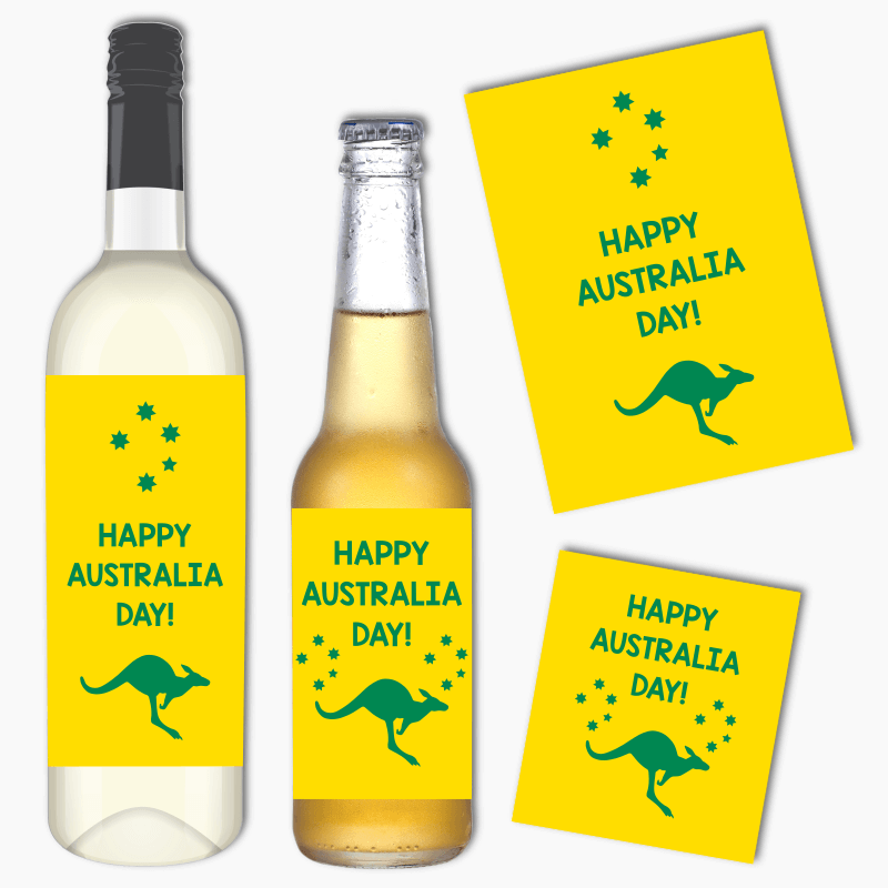 Green &amp; Gold Kangaroo Australia Day Party Wine &amp; Beer Labels