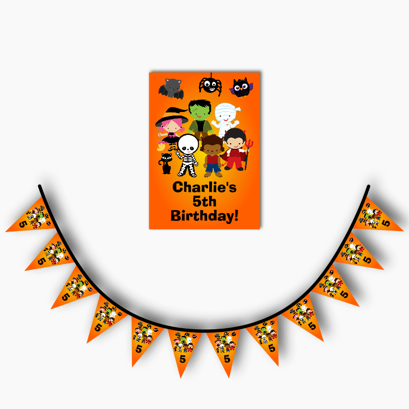 Personalised Little Halloween Monsters Birthday Party Poster &amp; Flag Bunting Combo