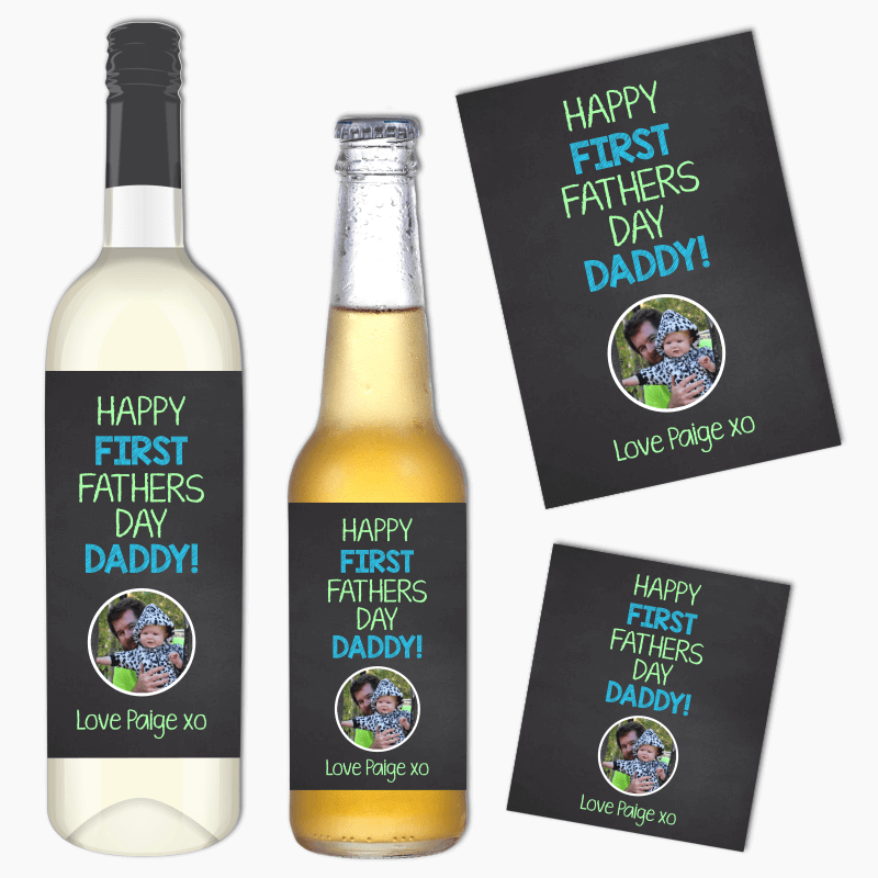Happy First Fathers Day Wine &amp; Beer Labels with Photo