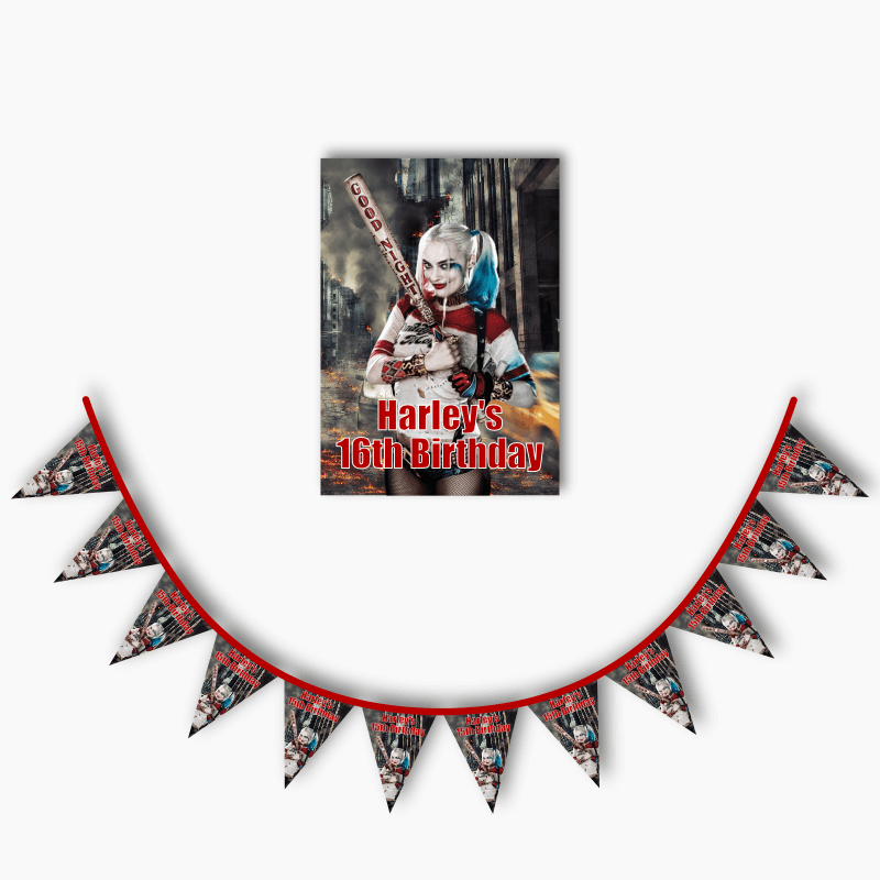 Personalised Harley Quinn Party Poster &amp; Bunting Combo