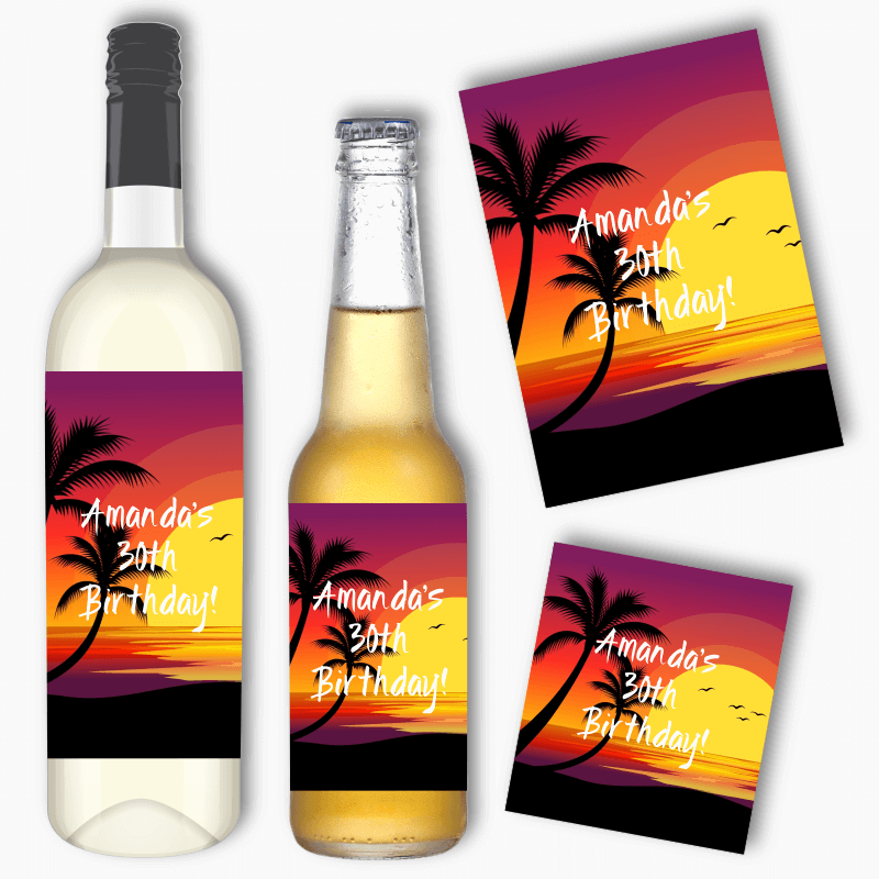 Personalised Hawaiian Sunset Party Wine &amp; Beer Labels