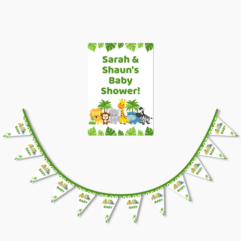 Personalised Jungle Animals Baby Shower Poster &amp; Flag Bunting Combo