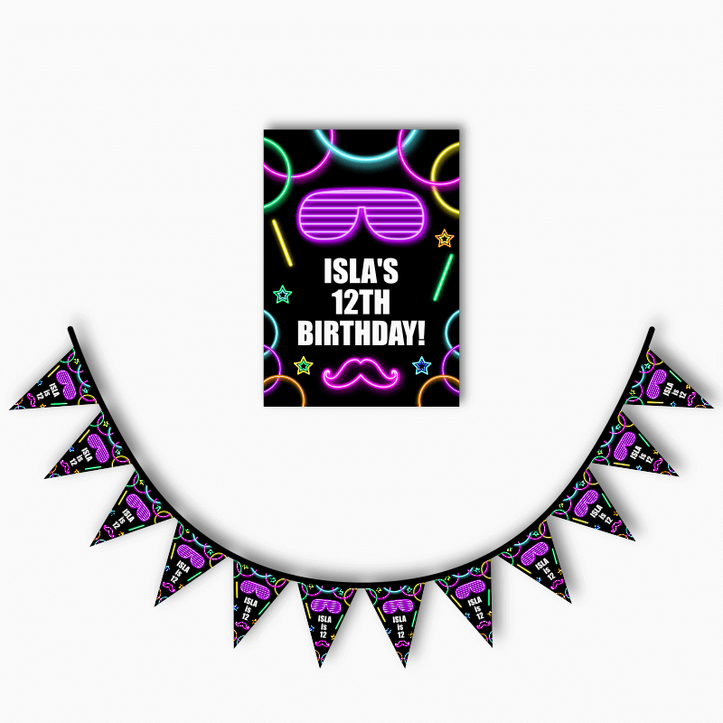 Personalised Neon Glow Party Poster &amp; Flag Bunting Combo - Girls