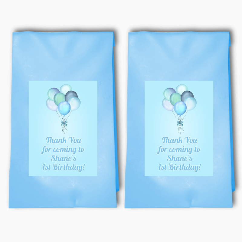 Personalised Pastel Blue Balloons Birthday Party Bags &amp; Labels