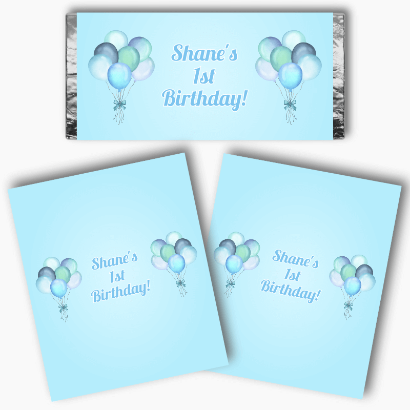 Personalised Pastel Blue Balloons Birthday Party Mini Chocolate Labels