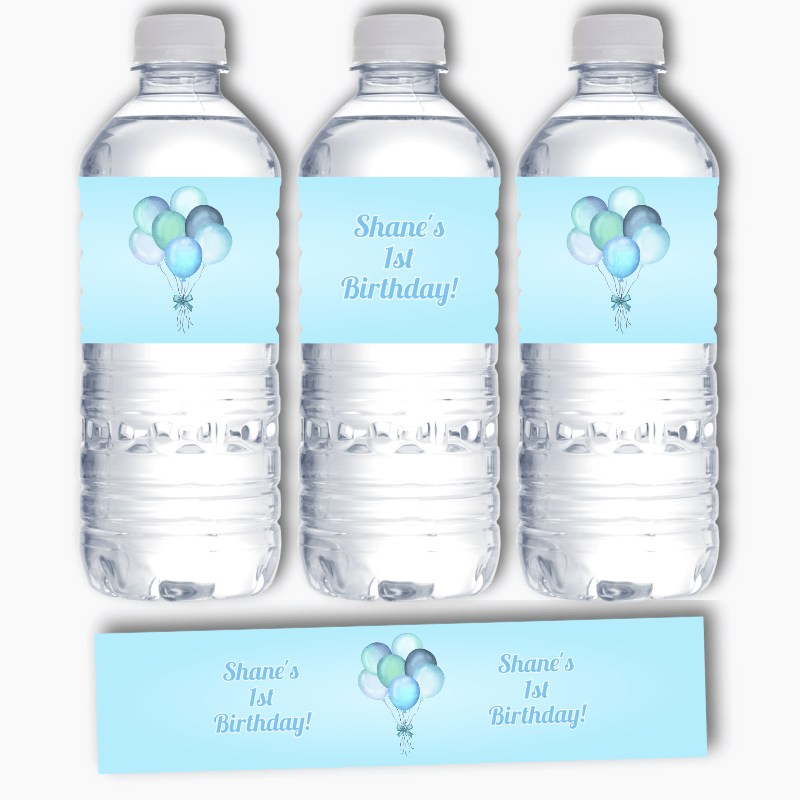 Personalised Pastel Blue Balloons Birthday Party Water Bottle Labels