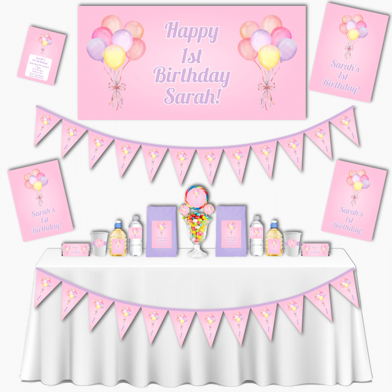 Personalised Pastel Pink Balloons Grand Birthday Party Decorations Pack