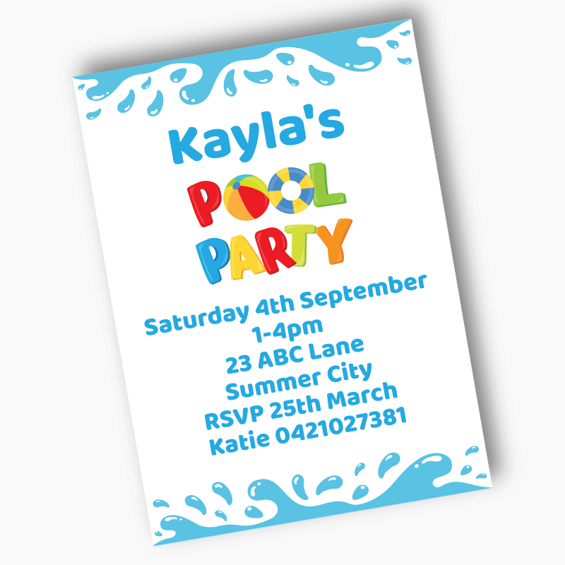 Personalised Boys Pool Party Invites - White