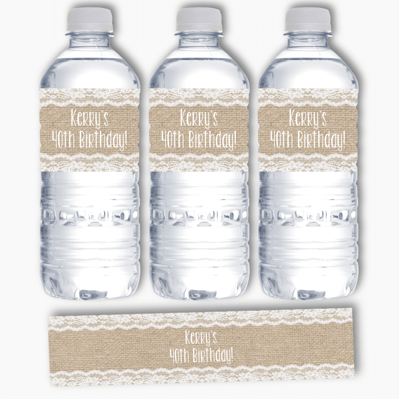 Personalised Burlap &amp; Lace Party Water Bottle Labels