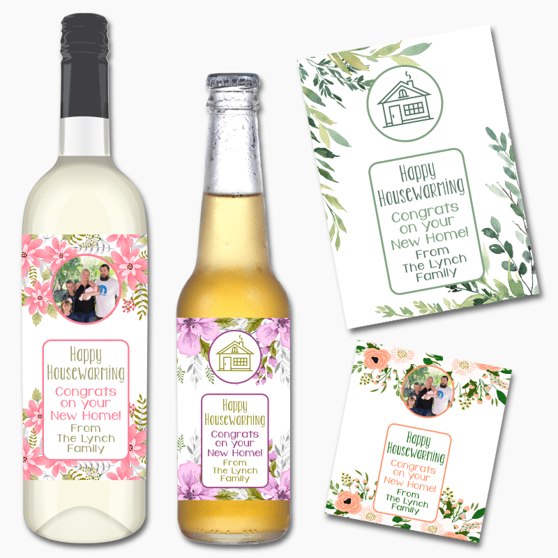 Personalised Floral Housewarming Gift Wine &amp; Beer Labels