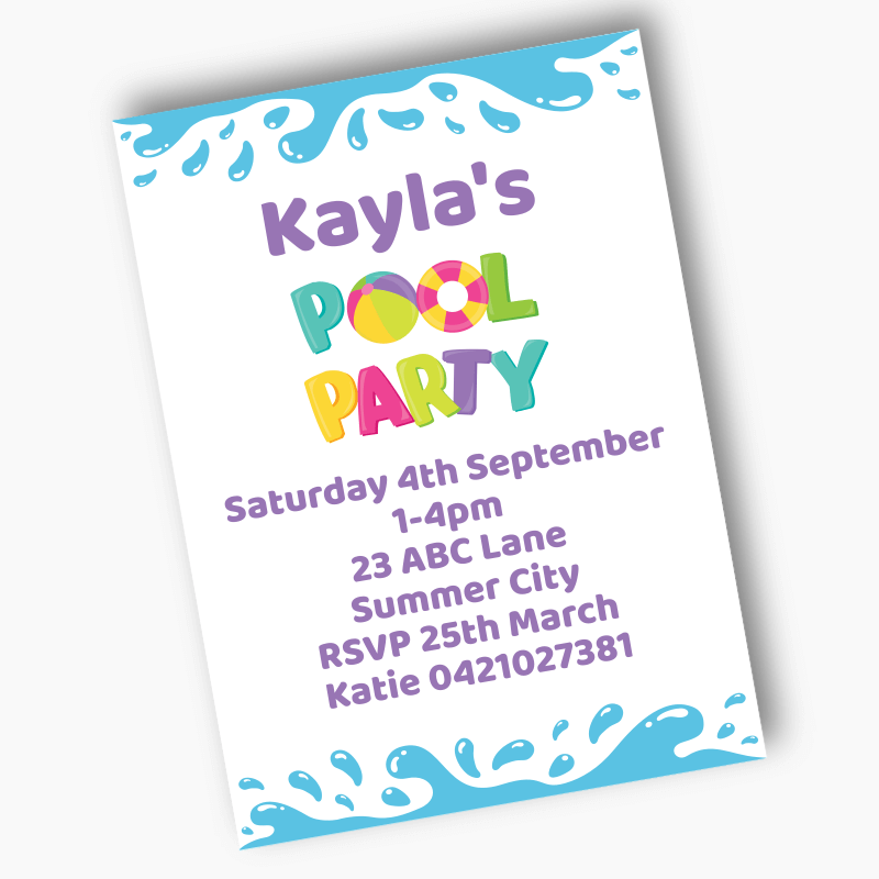 Personalised Girls Pool Party Invites - White