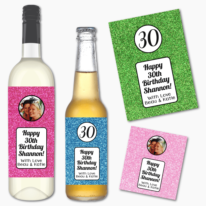 Personalised Glitter Birthday Gift Wine &amp; Beer Labels
