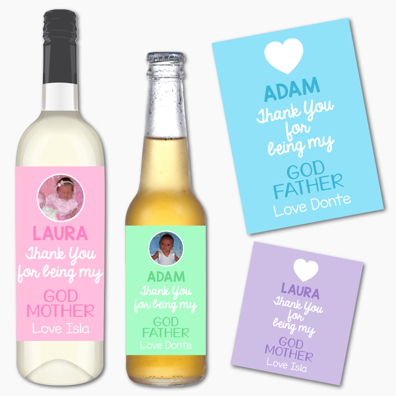 Personalised Pastel Thank You Godparent Wine &amp; Beer Labels