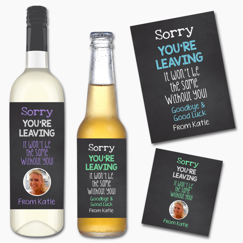 Personalised &#39;Sorry You&#39;re Leaving&#39; Colleague Farewell Gift Wine &amp; Beer Labels