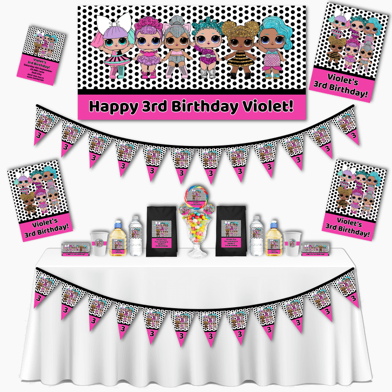 Personalised Pink &amp; Black Spot LOL Dolls Grand Birthday Party Pack