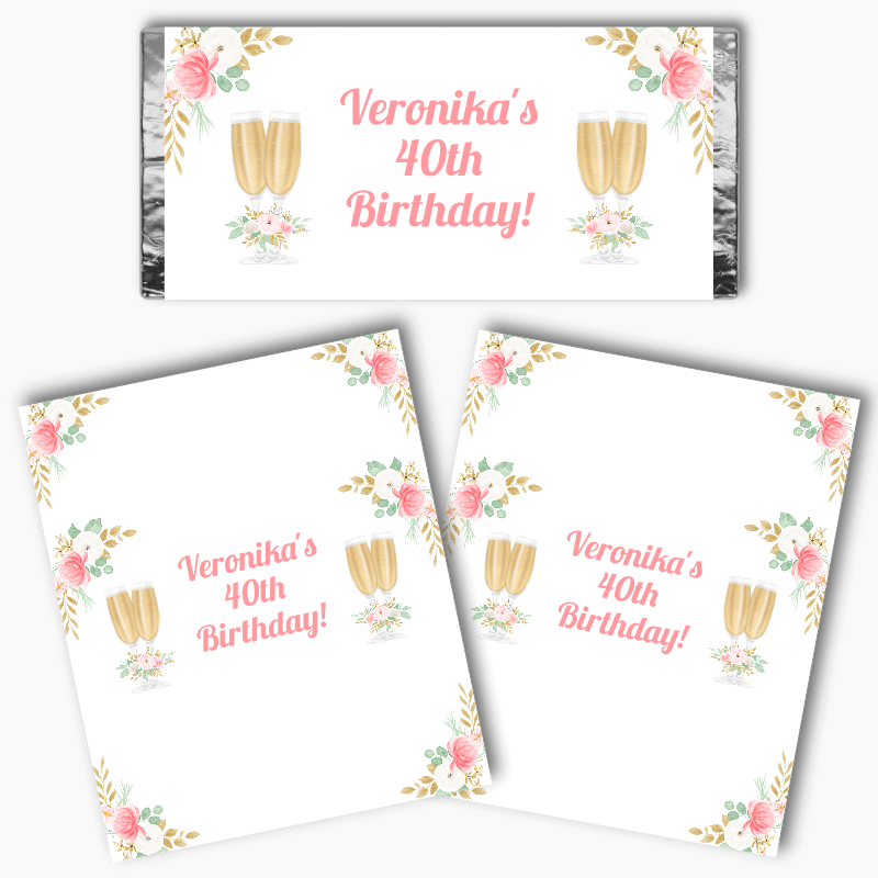 Personalised Pink &amp; Gold Floral Birthday Party Mini Chocolate Labels