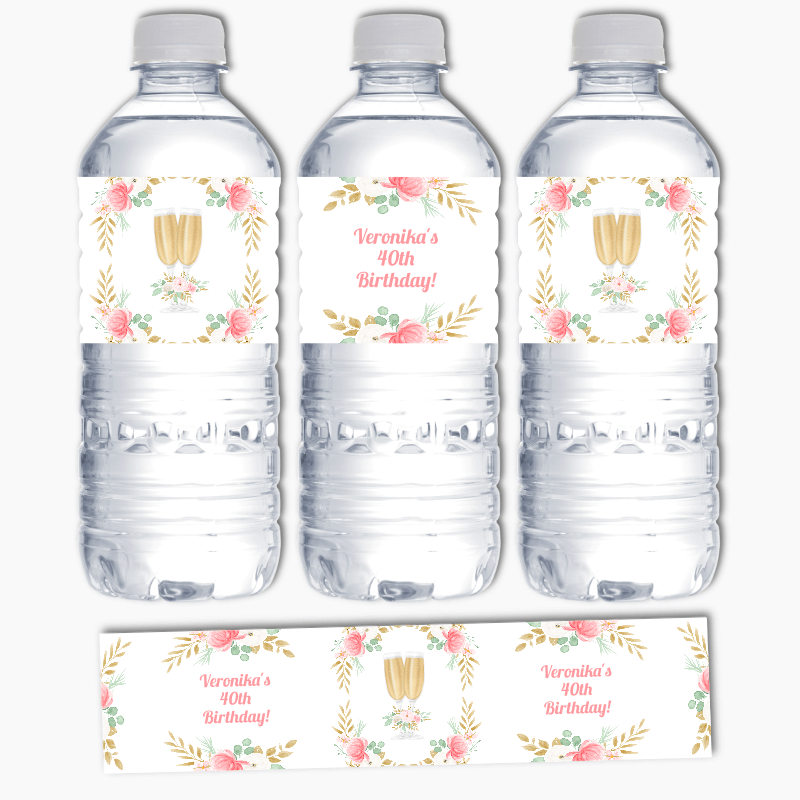Personalised Pink &amp; Gold Floral Birthday Party Water Bottle Labels