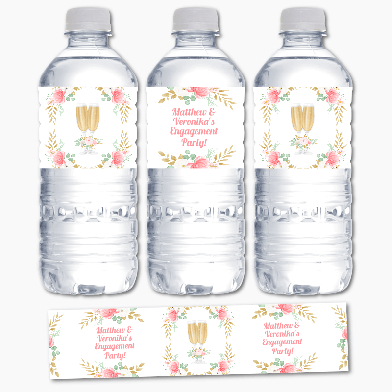Personalised Pink &amp; Gold Floral Engagement Party Water Labels
