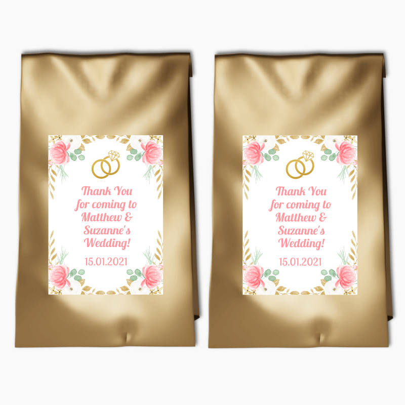 Personalised Pink &amp; Gold Floral Wedding Party Bags &amp; Labels