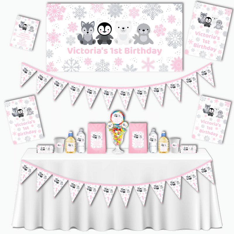 Personalised Pink &amp; Silver Arctic Animals Grand Birthday Party Pack