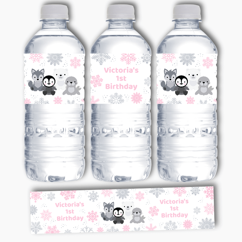Personalised Pink &amp; Silver Arctic Animals Party Water Bottle Labels