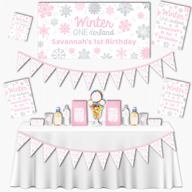 Personalised Pink &amp; Silver Winter ONEderland Grand Birthday Party Decorations Pack