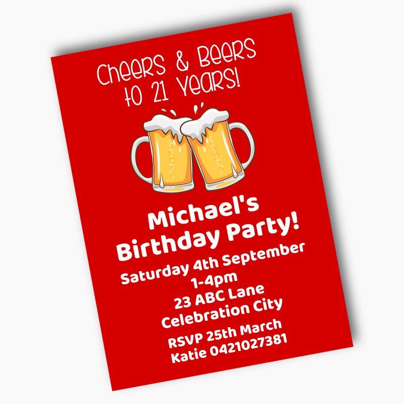 Red Cheers &amp; Beers Birthday Party Invites