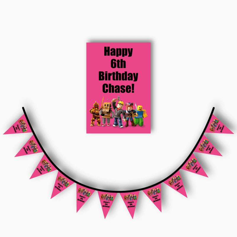 Personalised Roblox Party Poster &amp; Flag Bunting Combo - Pink