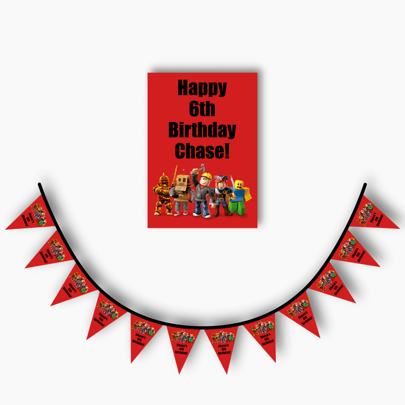 Personalised Roblox Party Poster &amp; Flag Bunting Combo - Red