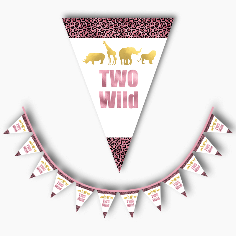 Personalised Rose Pink &amp; Gold Two Wild Birthday Party Flag Bunting